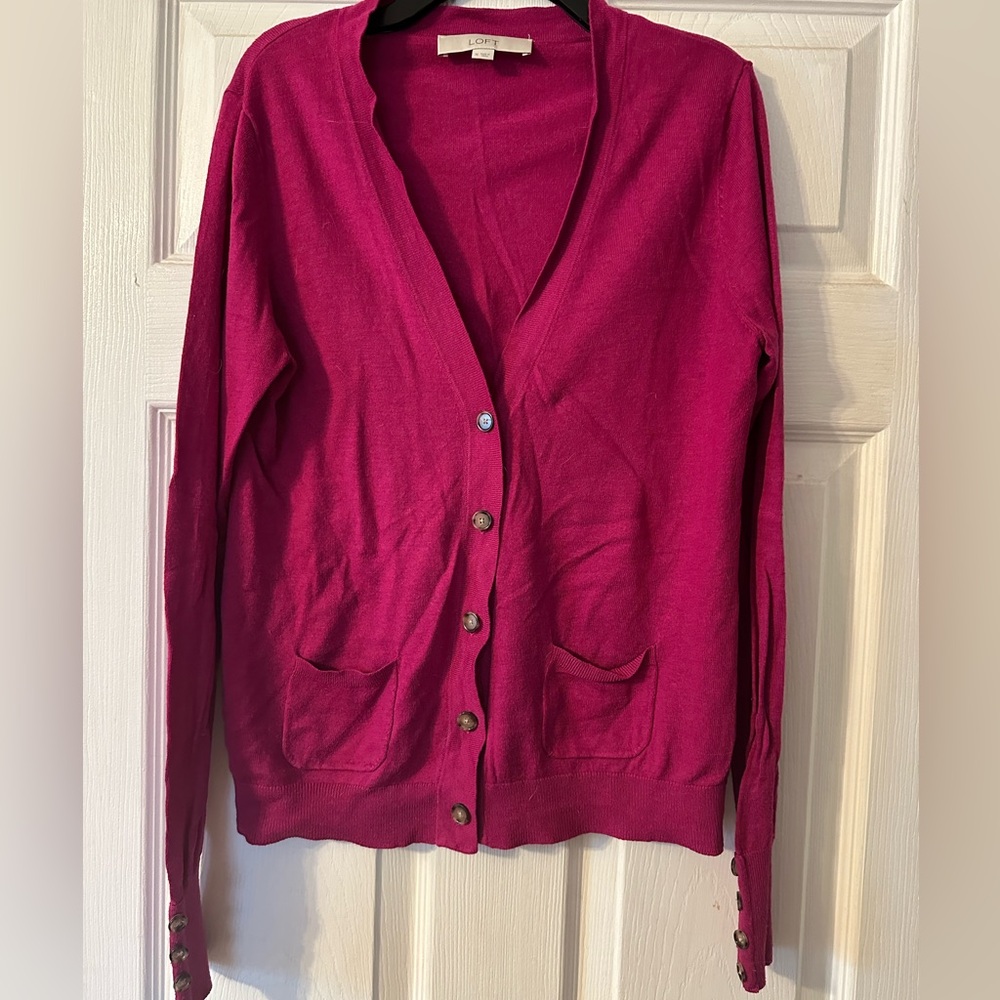 LOFT Fuchsia Button-Up Cardigan Sweater